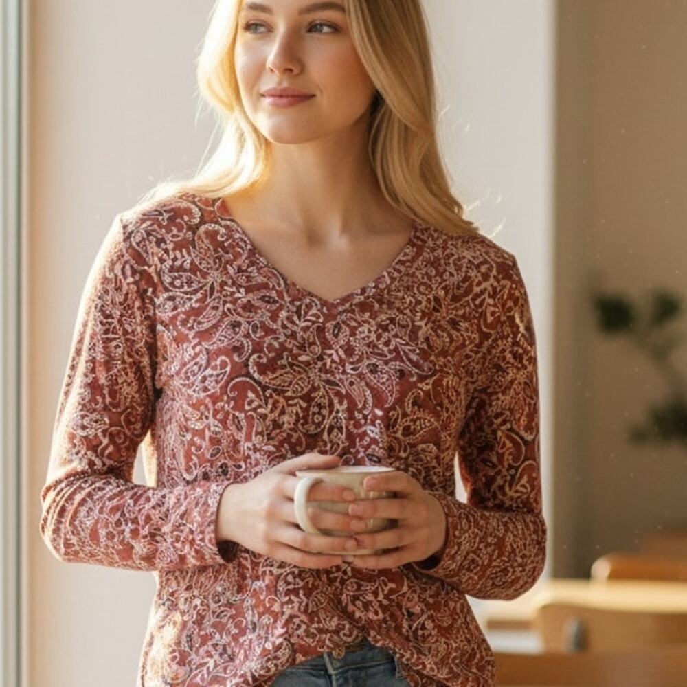 LOFT PaisleyTop Womens XL Dusty Mauve V-Neck Casual  Long Sleeve Knit Rose Tee